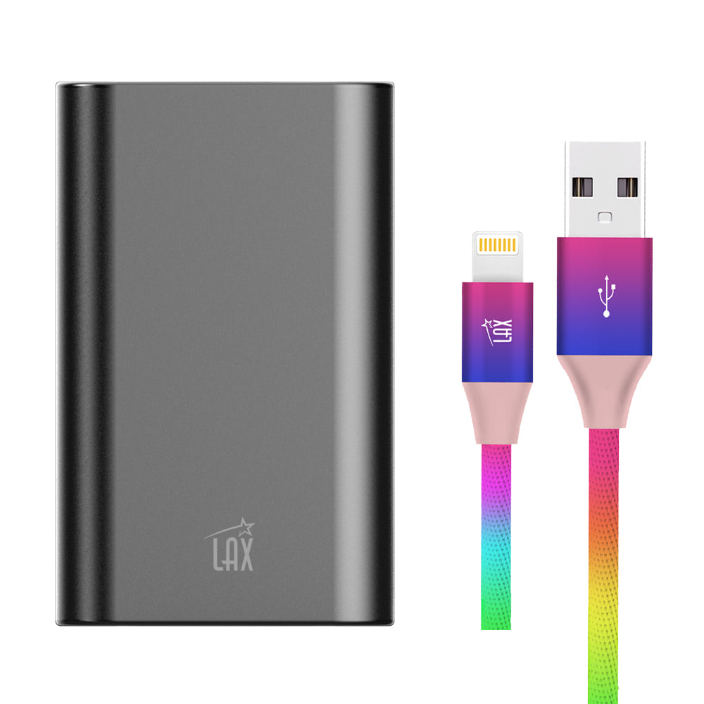 LAX 8000mAh Dual USB Power Bank  with Apple MFi Certified Iphone to USB Cable (10 Feet) - Rainbow