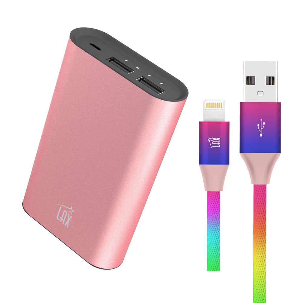 LAX 8000mAh Dual USB Power Bank  with Apple MFi Certified Iphone to USB Cable (10 Feet) - Rainbow