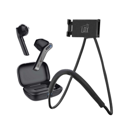Laud True Wireless Earphones – Black with LAX Neck Holder Phone Mount for Smartphones – Black