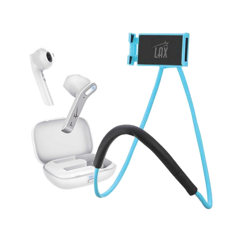 Laud True Wireless Earphones – White with LAX Neck Holder Phone Mount for Smartphones – Blue