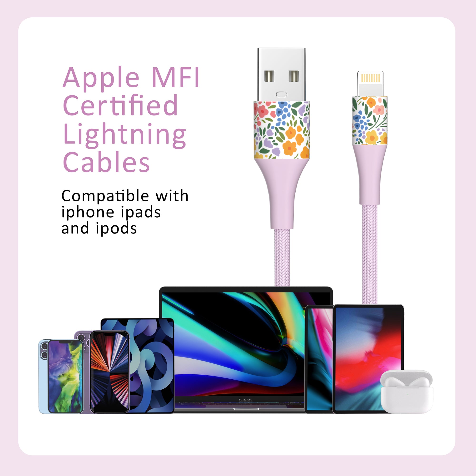 2-Pack Apple MFi Certified Braided Nylon USB to Iphone Cable 4 Feet Floral Bouquet