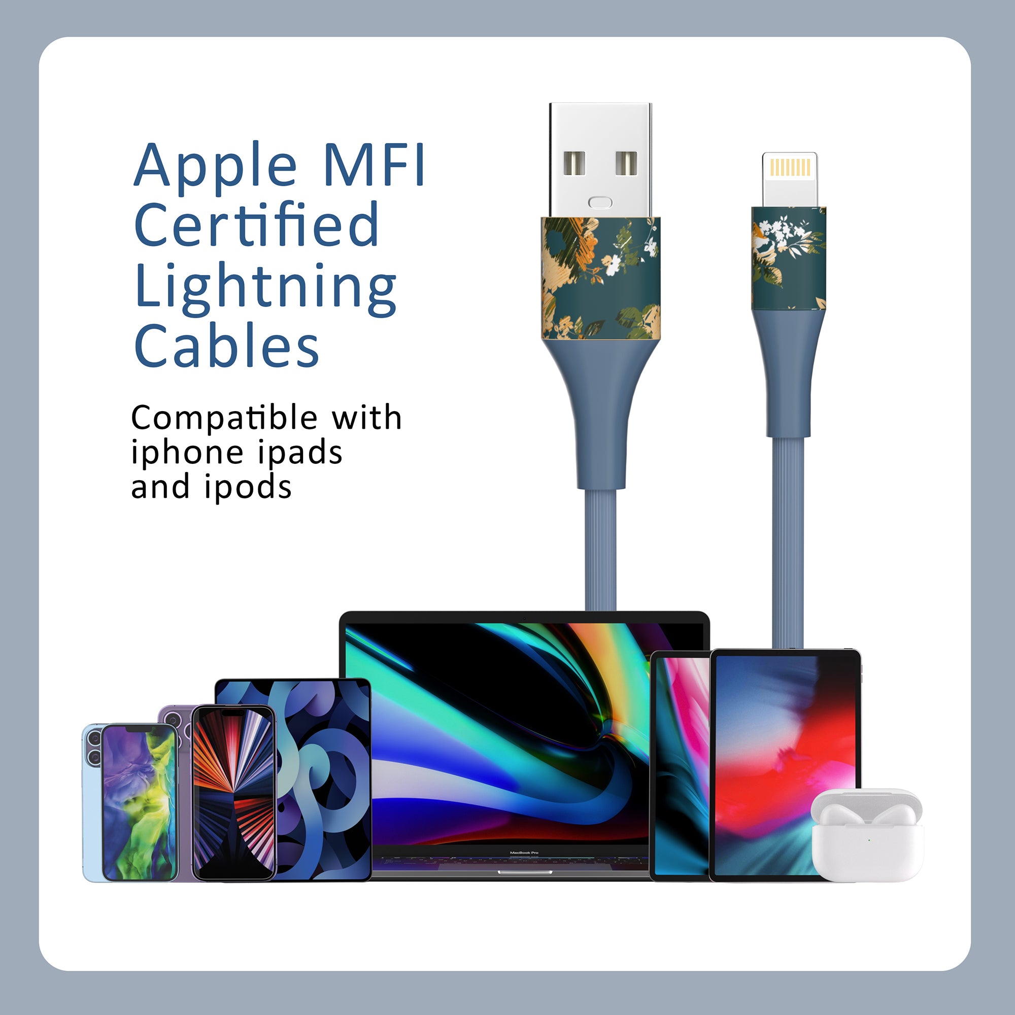 2-Pack Apple MFi Certified Braided Nylon USB to Iphone Cable 4 Feet Floral Bouquet
