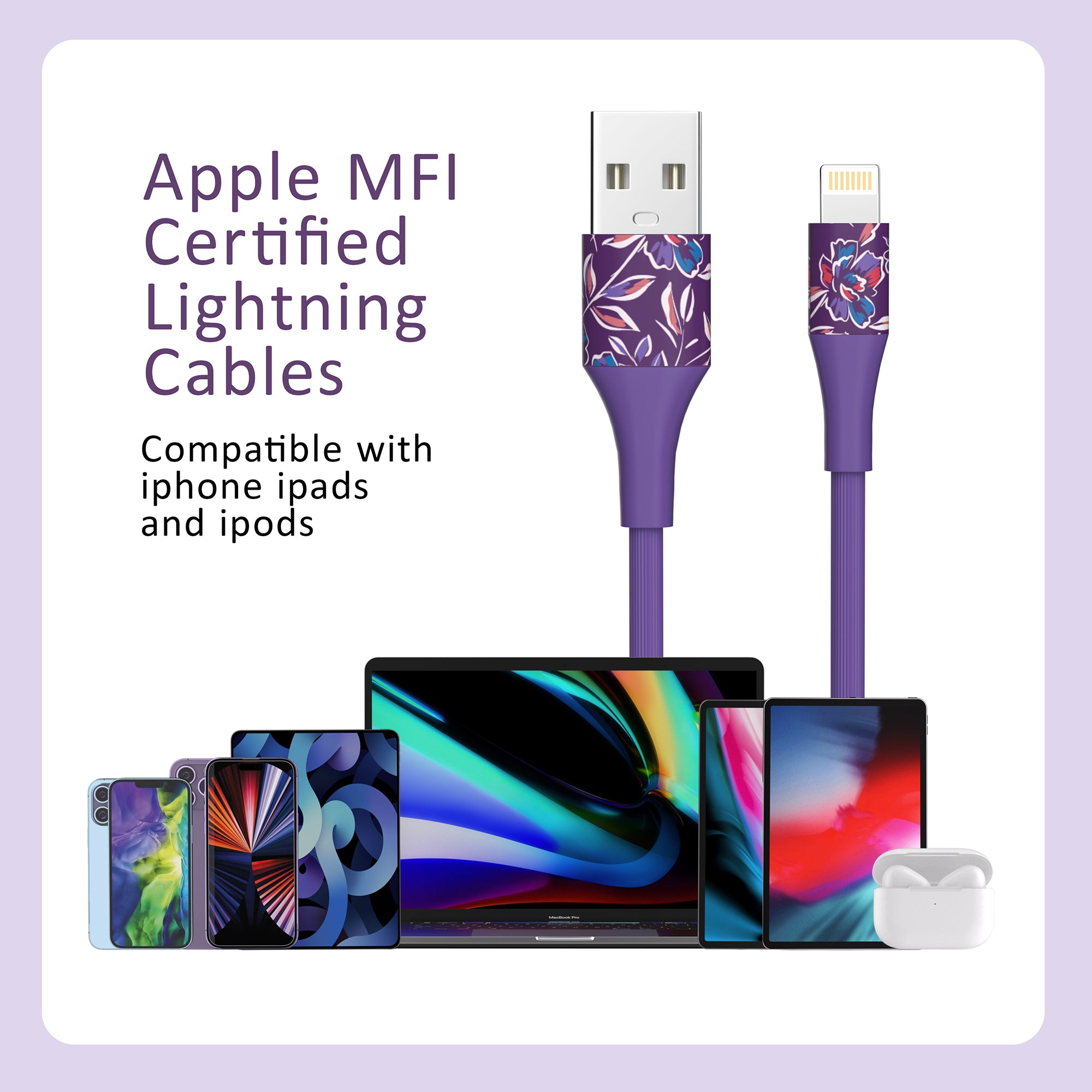 2-Pack Apple MFi Certified Braided Nylon USB to Iphone Cable 4 Feet Floral Bouquet