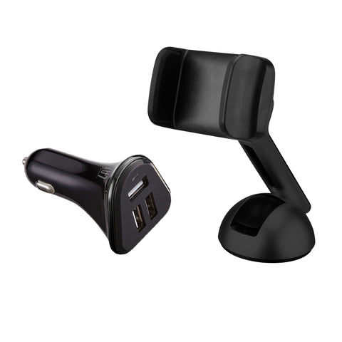 Long Clamp Car Mount with 3 Port Car Charger-Black
