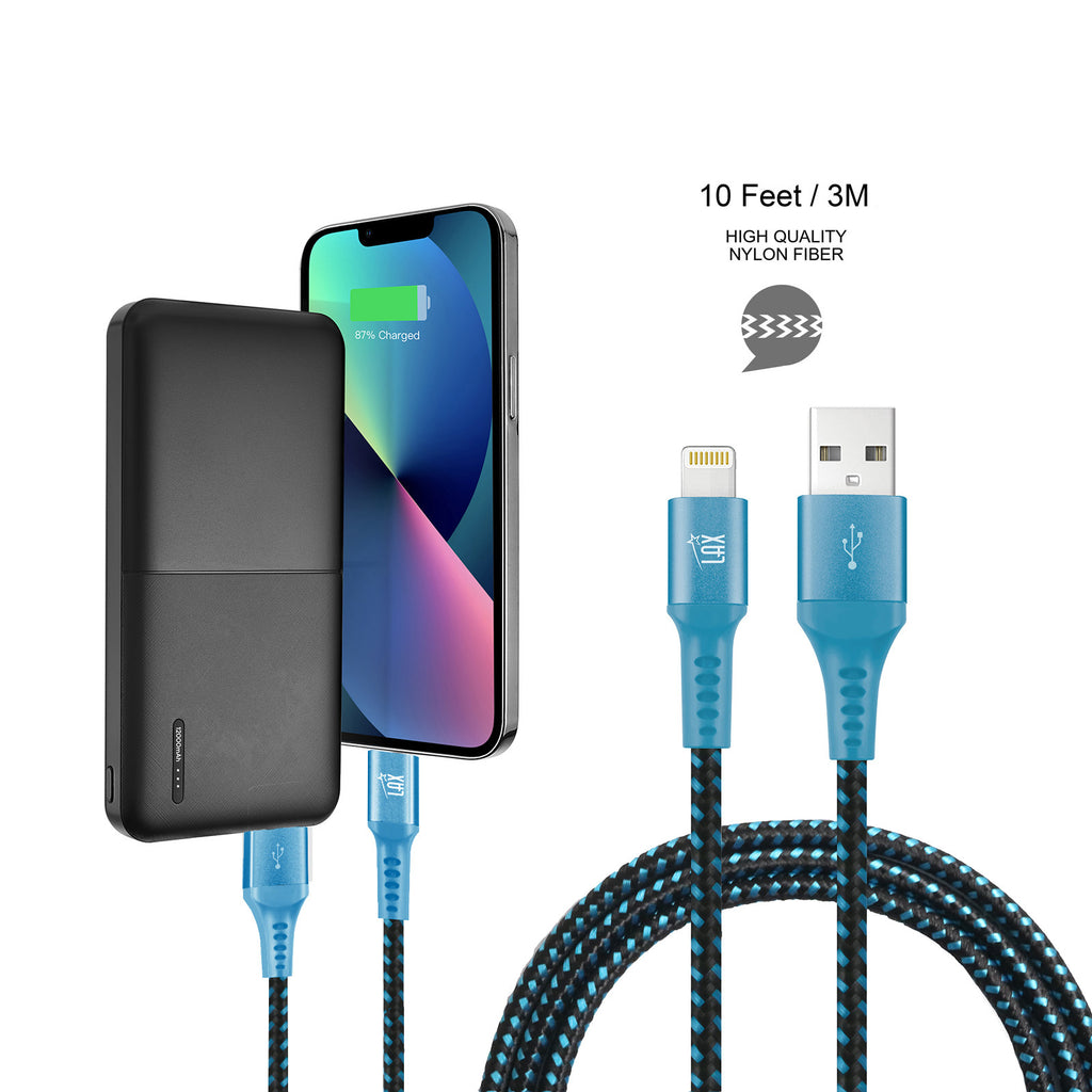 12000mAh Power Bank with Iphone Input Black with  LAX Apple MFi Certified Iphone to USB Cable (10 Feet) - Aqua