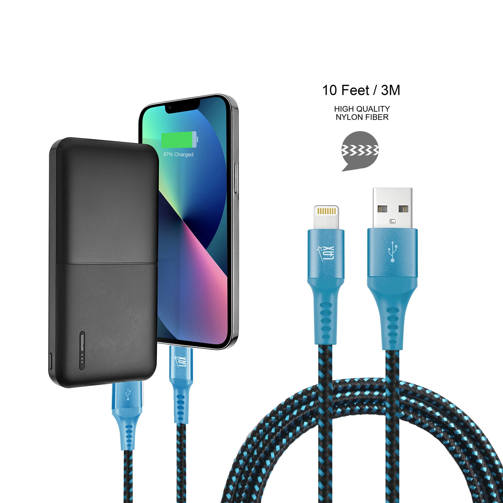 12000mAh Power Bank with Iphone Input Black with  LAX Apple MFi Certified Iphone to USB Cable (10 Feet) - Aqua