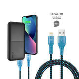 12000mAh Power Bank with Lightning Input Black with  LAX Apple MFi Certified Lightning to USB Cable (10 Feet) - Aqua