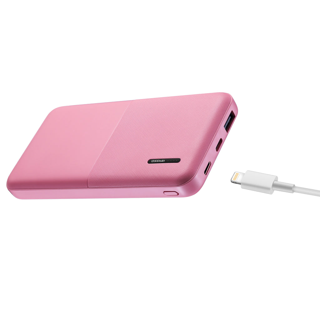 12000mAh Power Bank with Iphone Input Pink with LAX Apple MFi Certified Iphone to USB Cable (10 Feet) - Pink