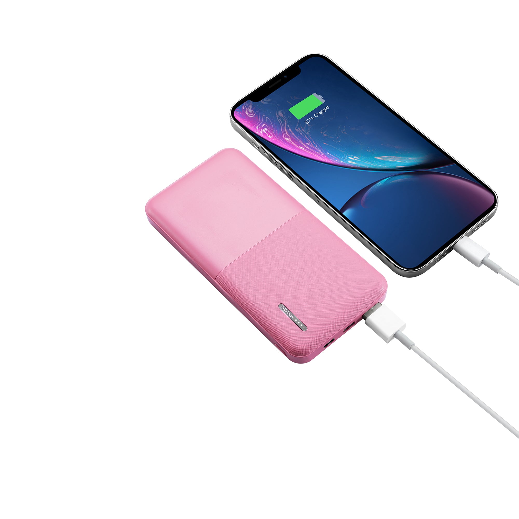 12000mAh Power Bank with Iphone Input Pink with LAX Apple MFi Certified Iphone to USB Cable (10 Feet) - Pink