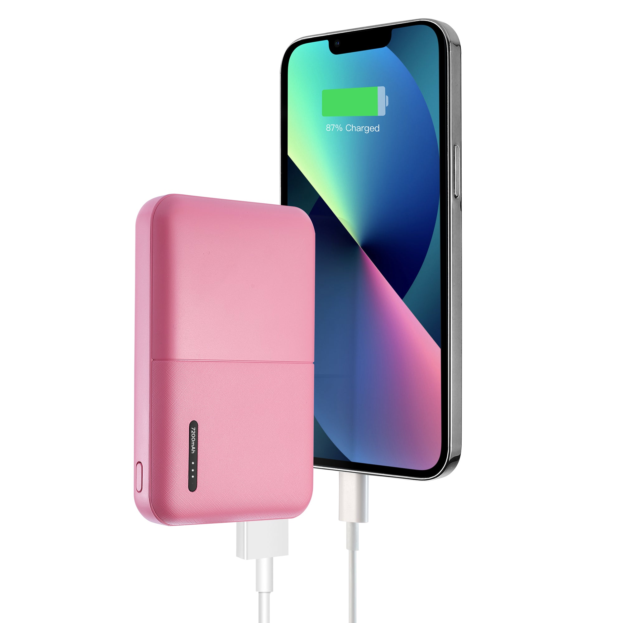 7200mAh Iphone input Power Bank with Glow in the Dark Apple MFi Certified USB to Iphone Cable (10 Feet) - Pink