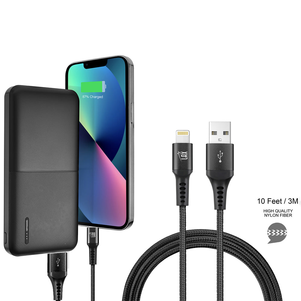 12000mAh Power Bank with Iphone Input Pink with LAX Apple MFi Certified Iphone to USB Cable (10 Feet) - Pink