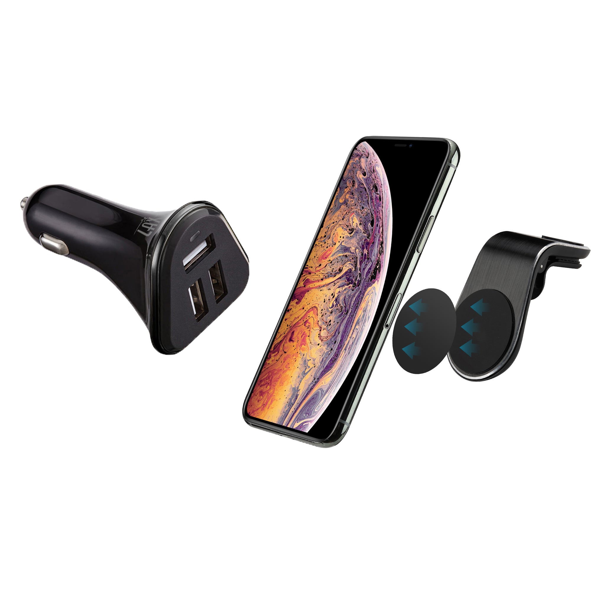 Magnetic Air Vent Clip for Smartphones WITH 3 Port Car Charger-Black