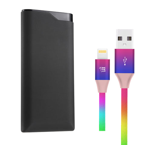 Max Power Bank 20,000mAh - Black with Apple MFi Certified Lightning to USB Cable (10 Feet) - Rainbow