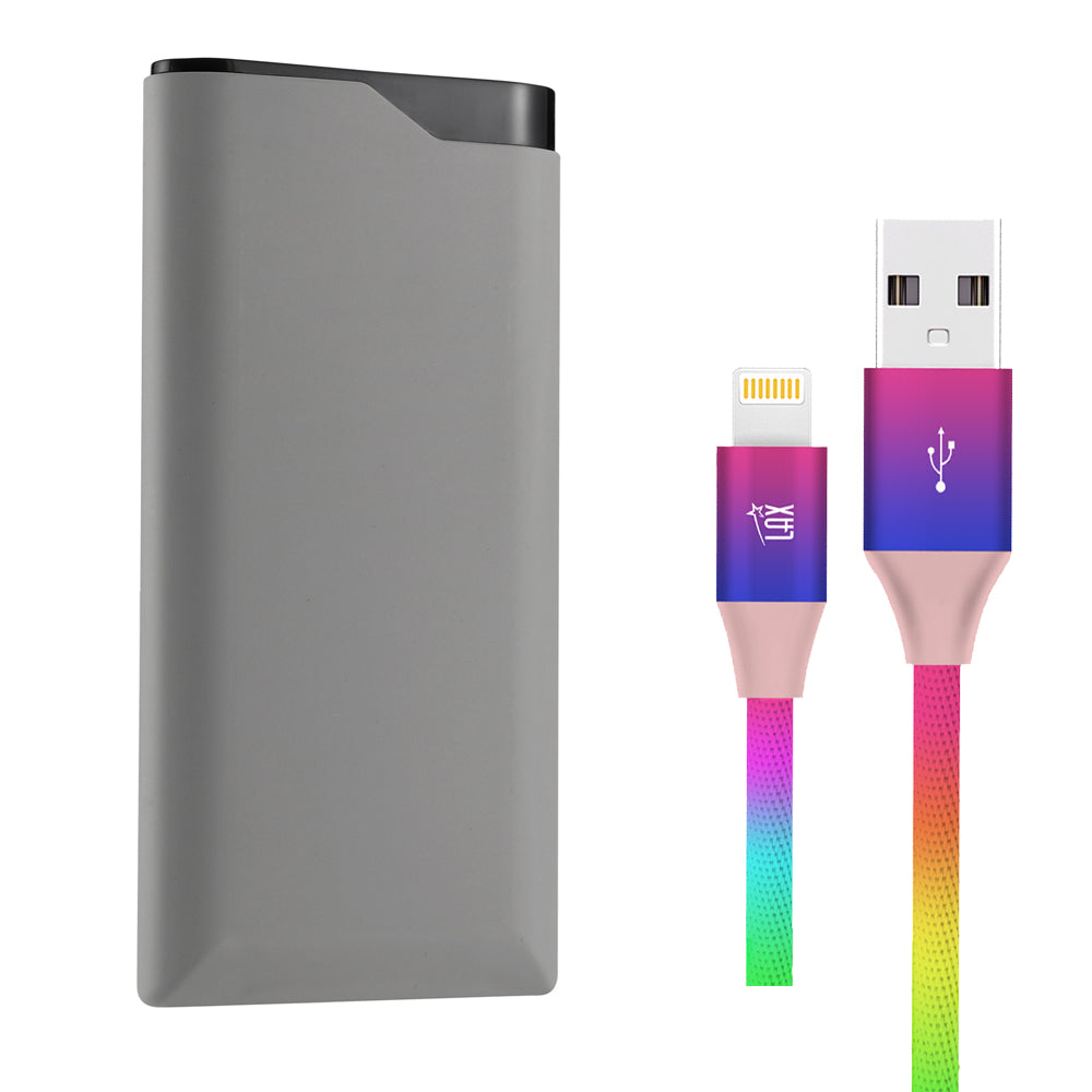 Max Power Bank 20,000mAh - Gray with Apple MFi Certified Iphone to USB Cable (10 Feet) - Rainbow