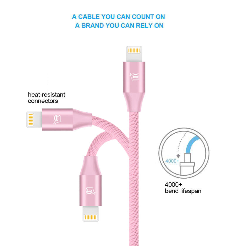 12000mAh Power Bank with Iphone Input Pink with LAX Apple MFi Certified Iphone to USB Cable (10 Feet) - Pink
