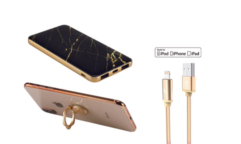 Marble Power Bank 8000mAh with 4ft Apple Mfi Certified Lightning Cable & Phone Ring Stand