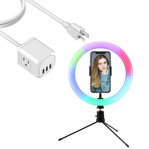 3 Wall Outlets with 3 USB Ports (5ft cord) with Selfie Ring LED Multi-Color Light with Small Tripod
