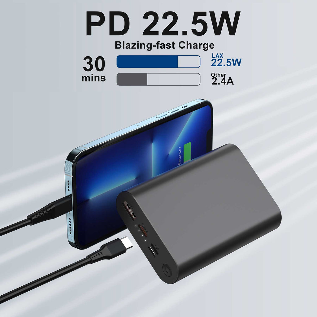 LAX Portable  22.5W Fast Charging Power Bank - 12,000 mAh Aluminum Battery Pack, USB and Type-C Input/Output Power Bank