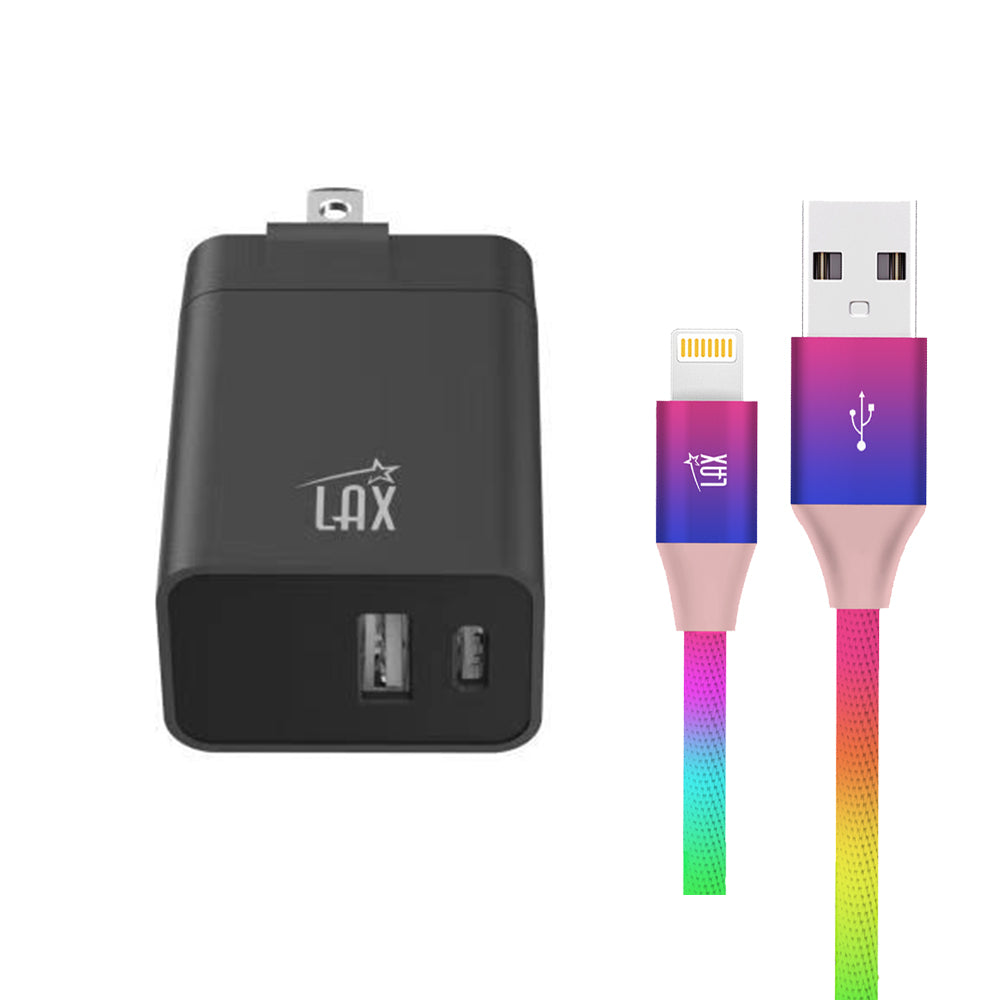 LAX 20W 2-Port Wall Charger - Black with Apple MFi Certified Iphone to USB Cable (10 Feet) - Rainbow