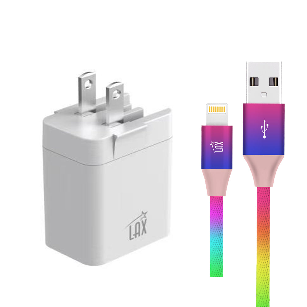 LAX 20W 2-Port Wall Charger - Black with Apple MFi Certified Iphone to USB Cable (10 Feet) - Rainbow