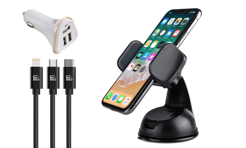 Ride Share Bundle: Car Mount, Car Charger, Lightning, USB-C, & Micro USB Cable