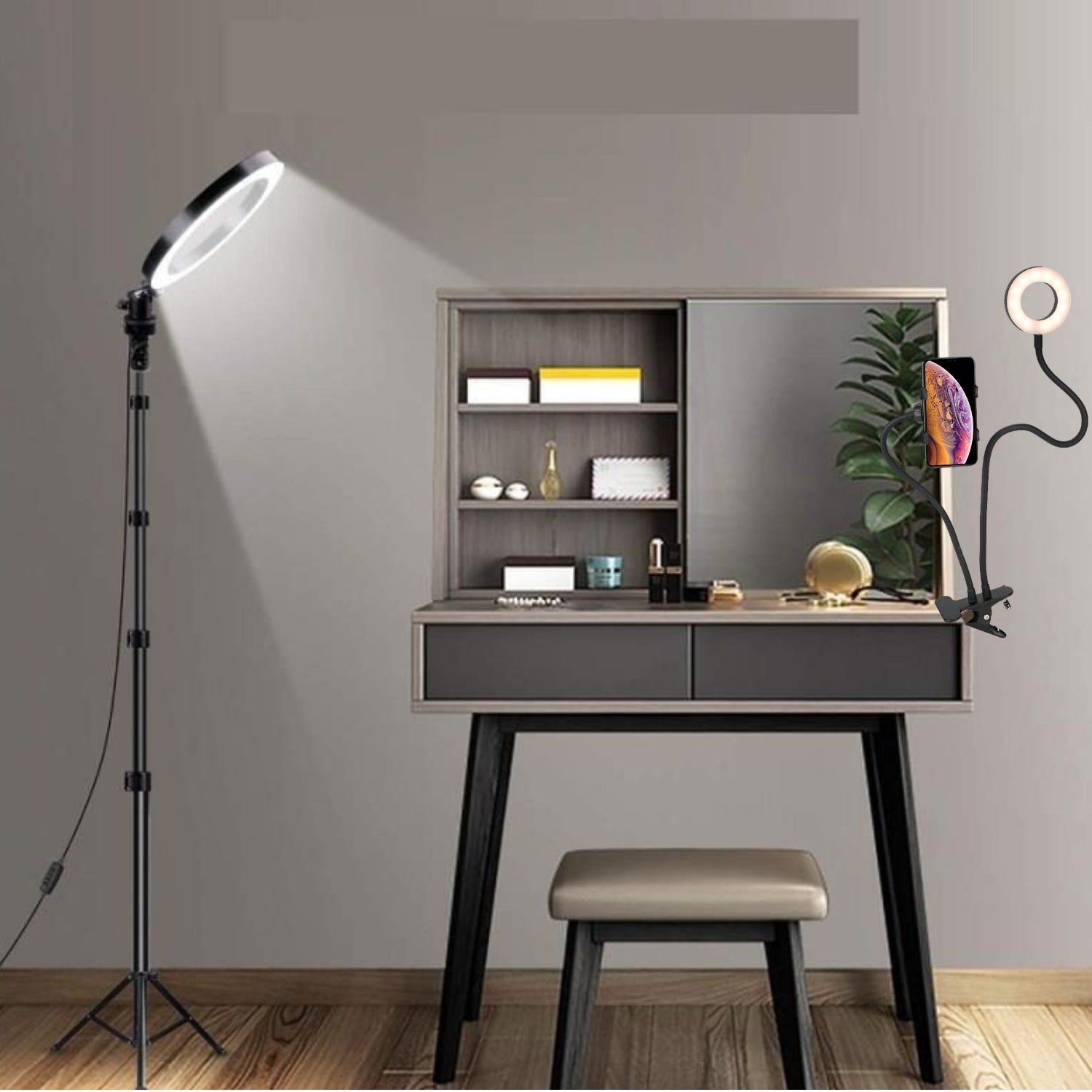 Selfie Ring LED Light Stand with Tripod And 3.5" Selfie Ring LED Light Stand with Desk Clip