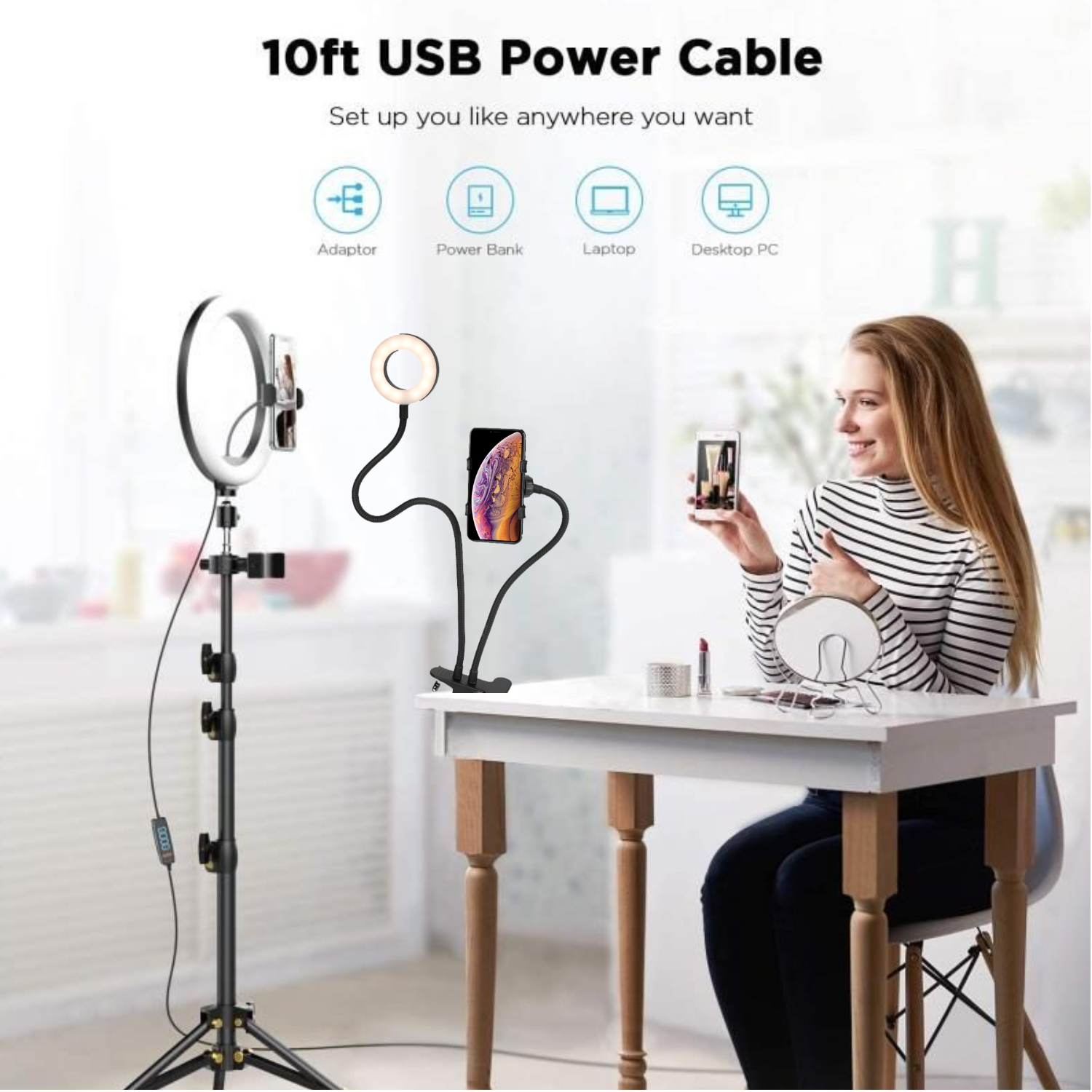 Selfie Ring LED Light Stand with Tripod And 3.5" Selfie Ring LED Light Stand with Desk Clip