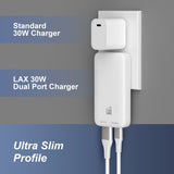 LAX USB C 30W Charger - Thin Flat Dual Port Fast Wall Charger - USB Port for iPhone 14/14 Pro/14 Pro Max, Galaxy, Pixel, iPad Pro, AirPods Pro (White)