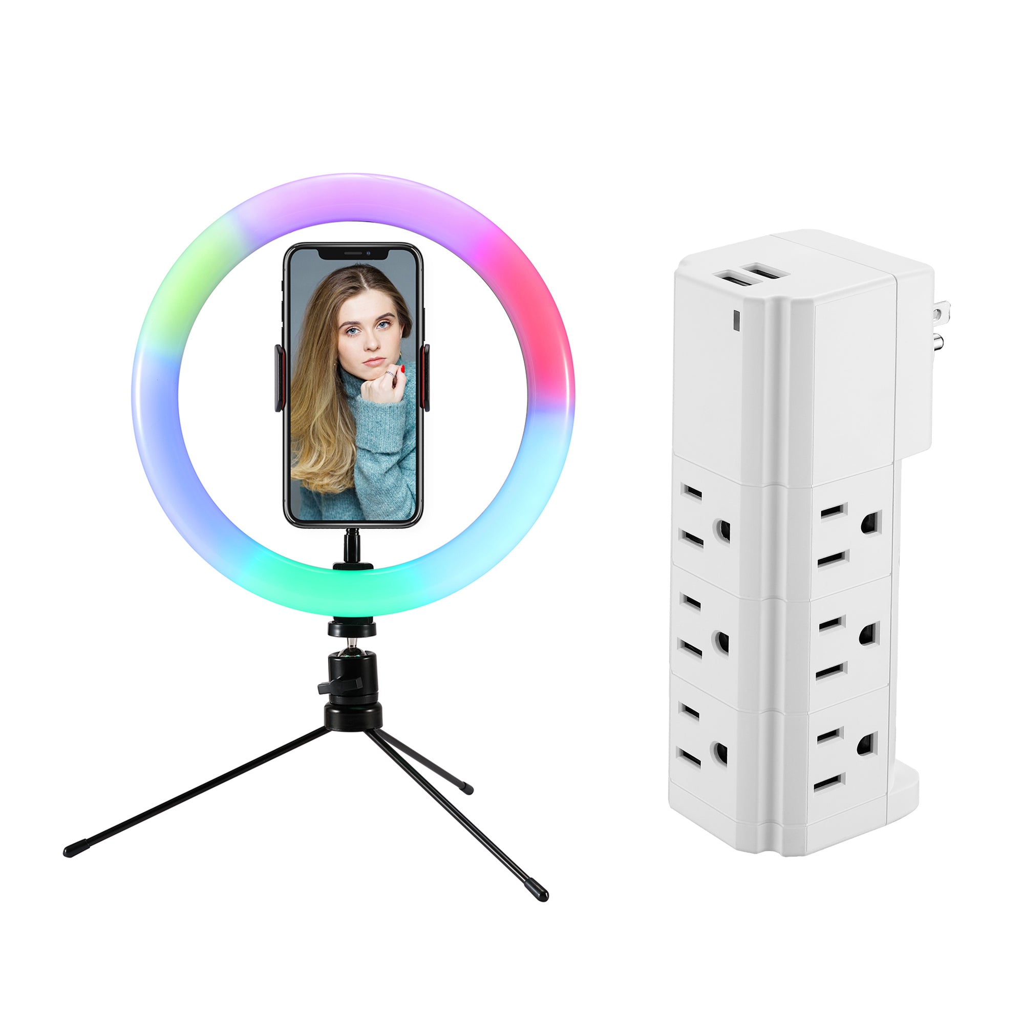 LAX Multi-Charging Tower Surge Protector 9 Outlet and 2 USB Ports White with Selfie Ring LED Multi-Color Light with Small Tripod