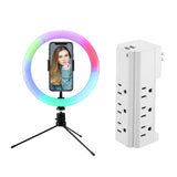 LAX Multi-Charging Tower Surge Protector 9 Outlet and 2 USB Ports White with Selfie Ring LED Multi-Color Light with Small Tripod