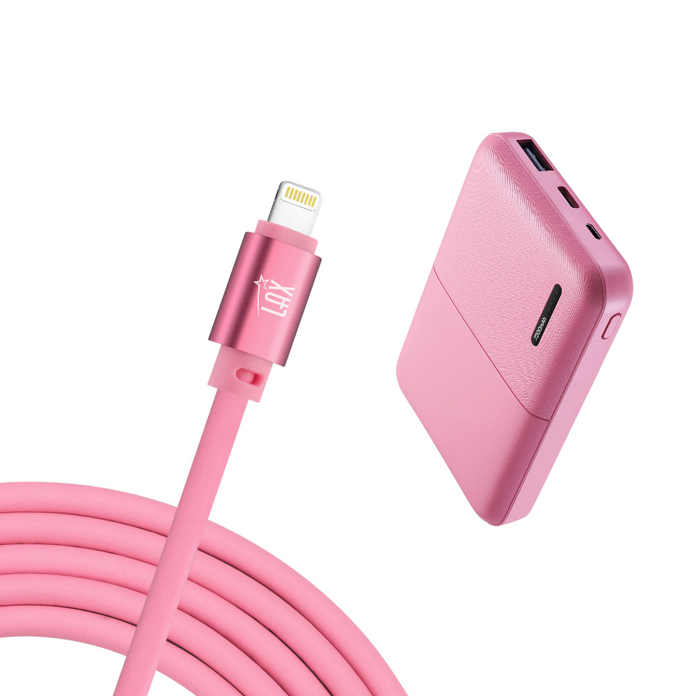7200mAh Iphone input Power Bank with Glow in the Dark Apple MFi Certified USB to Iphone Cable (10 Feet) - Pink