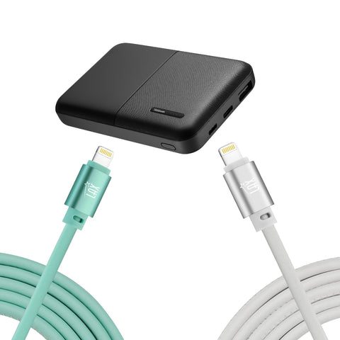 7200mAh Black Lightning input Power Bank with 2 Glow in the Dark Apple MFi Certified USB to Lightning Cable (10 Feet) - White & Blue