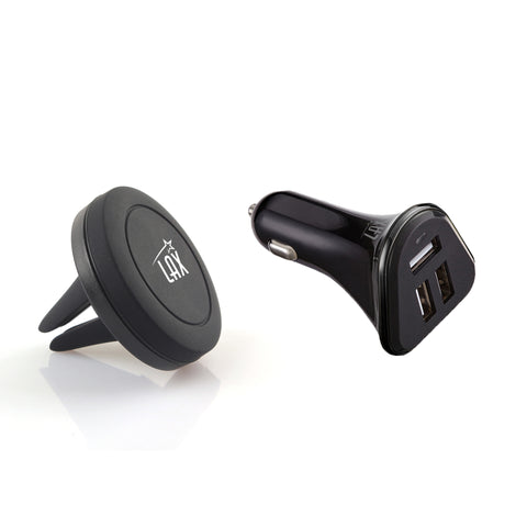 LAX Universal Magnetic Air Vent Car Mount with 3 Port Car Charger-Black