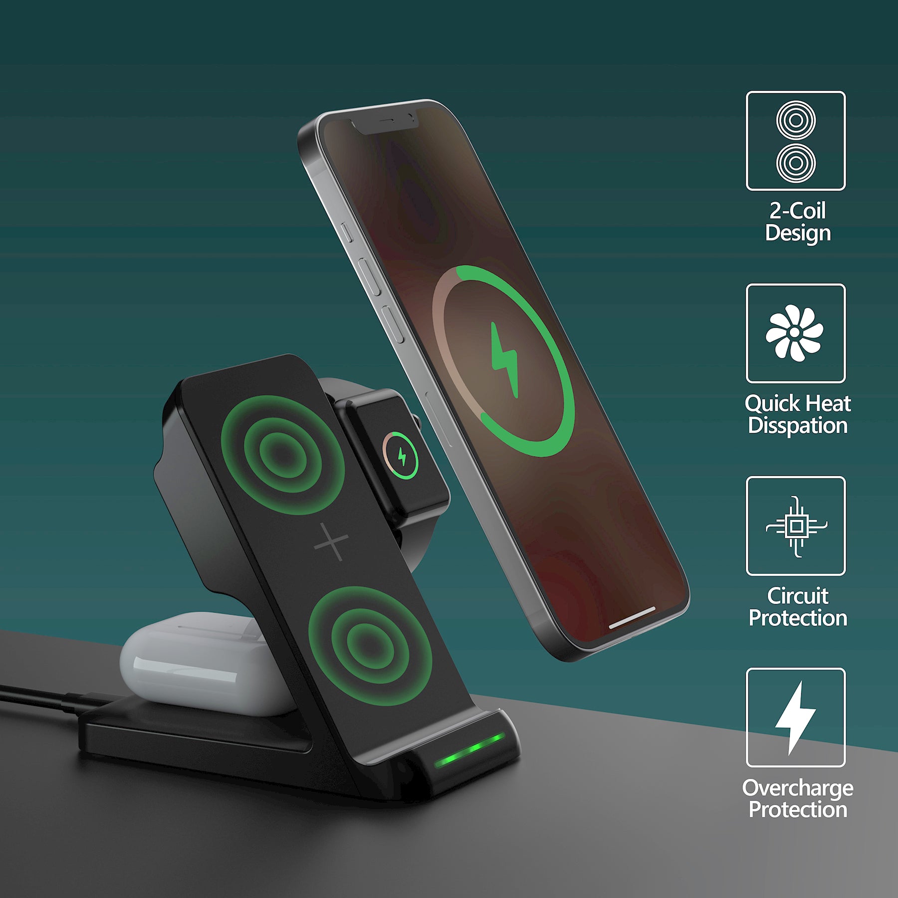 LAX Wireless Charging Stand - 3 in 1 Wireless Charger Fast Charging Dock Station – Compatible with Apple Watches , Airpods 2/Pro, iPhone  (Black)