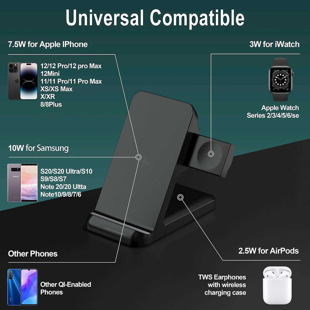 LAX Wireless Charging Stand - 3 in 1 Wireless Charger Fast Charging Dock Station – Compatible with Apple Watches , Airpods 2/Pro, iPhone  (Black)