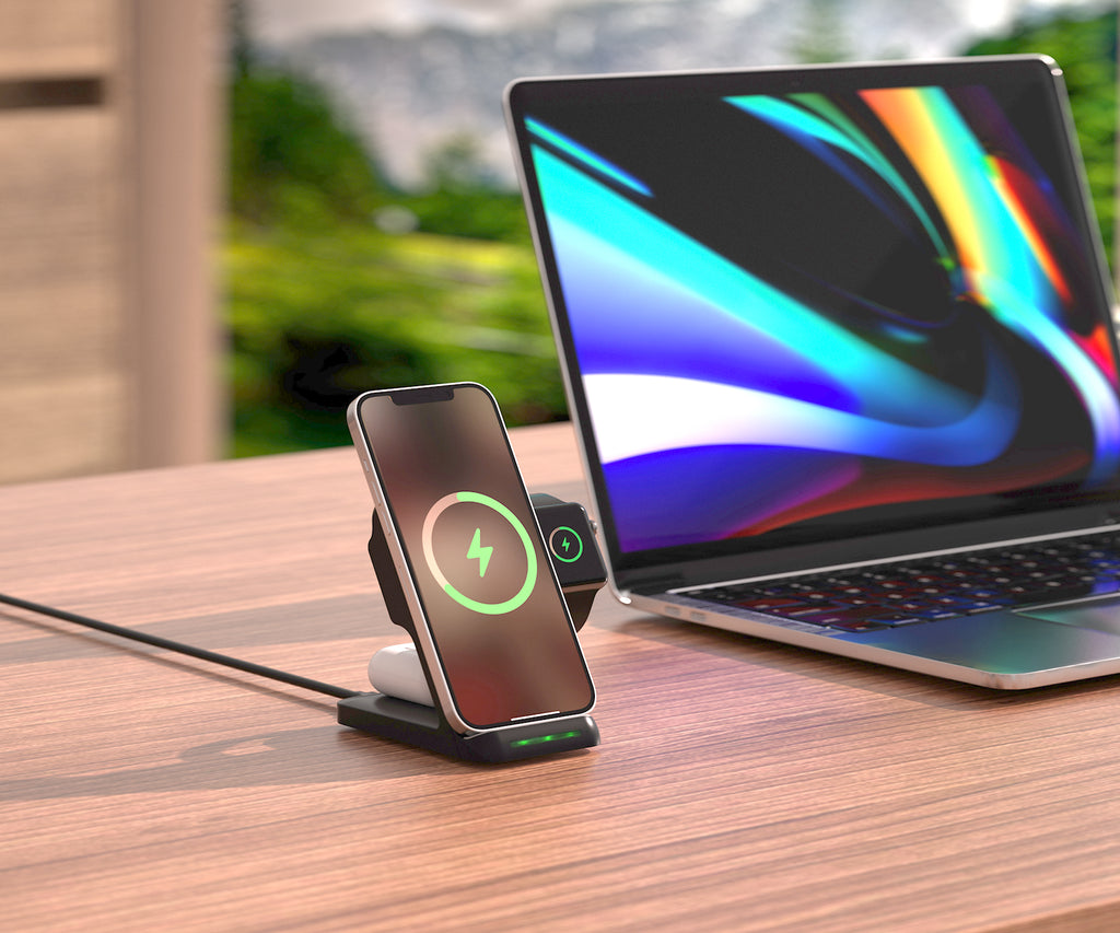LAX Wireless Charging Stand - 3 in 1 Wireless Charger Fast Charging Dock Station – Compatible with Apple Watches , Airpods 2/Pro, iPhone  (Black)