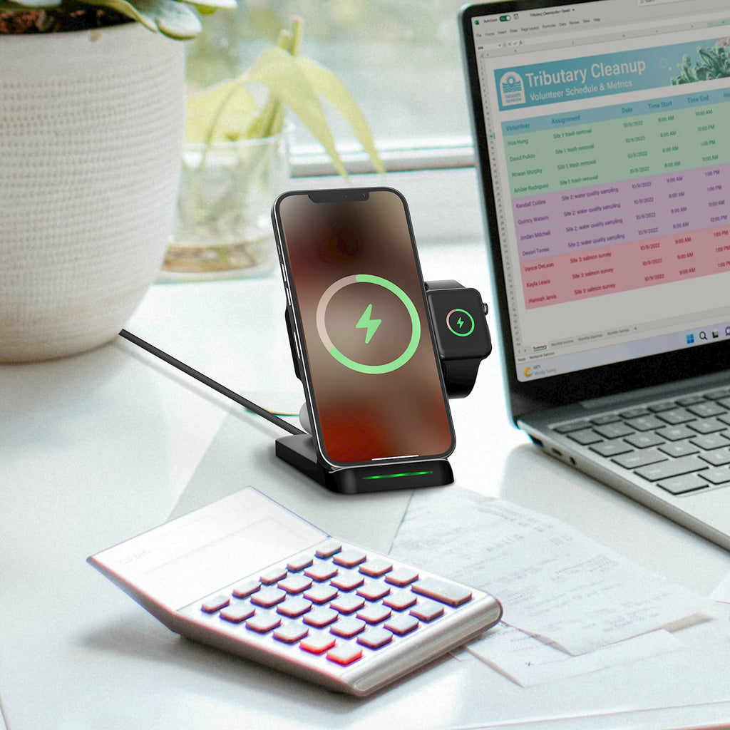 LAX Wireless Charging Stand - 3 in 1 Wireless Charger Fast Charging Dock Station – Compatible with Apple Watches , Airpods 2/Pro, iPhone  (Black)