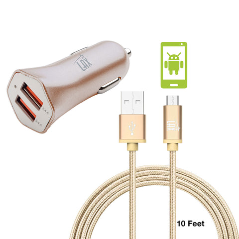 Durable Braided Micro USB Cable (10ft) with 2 USB Port High Speed Car Charger Combo Pack