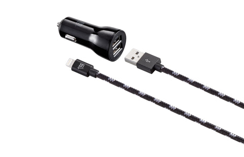 Dual USB Car Charger with Braided Nylon Cable (6ft) for iPhone & Android