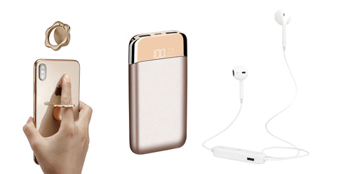 Commute Bundle: Dual USB 12,000mAh Power Bank with Smart Display with Wireless Earphones and Ring Phone Stand