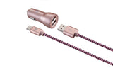 Dual USB Car Charger with Braided Nylon Cable (6ft) for iPhone & Android